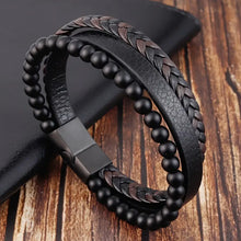 Load image into Gallery viewer, Tri-layer Leather Beaded Braided Bracelet with Magnetic Clasp