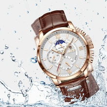 Load image into Gallery viewer, Watches For Men, Chronograph Gold Moon Phrase Leather Band Quartz Men's Watch