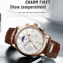 Load image into Gallery viewer, Watches For Men, Chronograph Gold Moon Phrase Leather Band Quartz Men's Watch