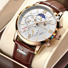 Load image into Gallery viewer, Watches For Men, Chronograph Gold Moon Phrase Leather Band Quartz Men's Watch