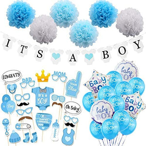 54pcs It's A Boy, Baby Shower Decorations set with Photo Booth Props Large Balloons + Helium Balloons Poms and Banner for Boys