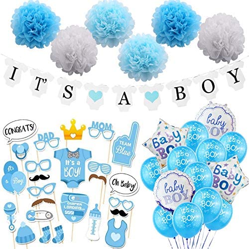 54pcs It's A Boy, Baby Shower Decorations set with Photo Booth Props Large Balloons + Helium Balloons Poms and Banner for Boys
