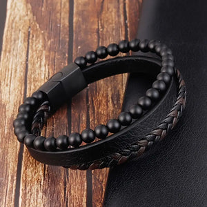Tri-layer Leather Beaded Braided Bracelet with Magnetic Clasp
