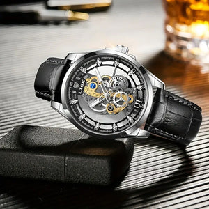 Skeleton Watches For Men, Quartz Men's Watch Leather Strap w/ Diamond 3ATM