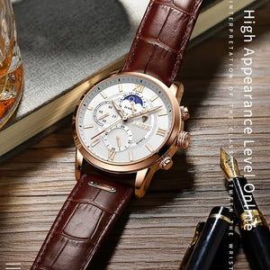 Watches For Men, Chronograph Gold Moon Phrase Leather Band Quartz Men's Watch