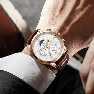 Watches For Men, Chronograph Gold Moon Phrase Leather Band Quartz Men's Watch