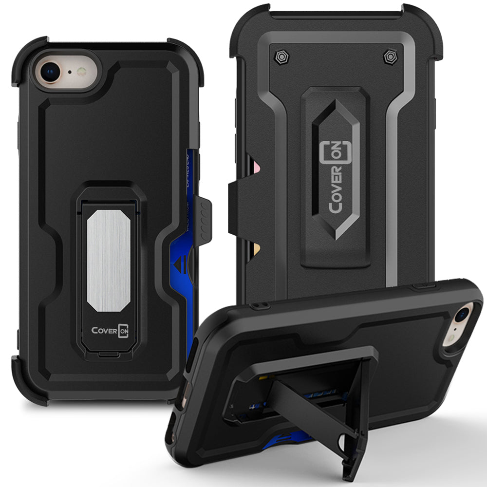 Apple iPhone SE 2022 / SE 2020 / 8 Case Holster Belt Clip Phone Cover w/ Card Holder & Kick Stand