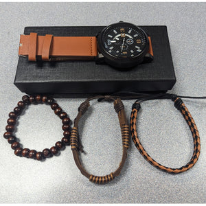 Men's Watch and 3 Bracelet Leather Wrist Bangle Gift Set