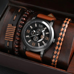 Men's Watch and 3 Bracelet Leather Wrist Bangle Gift Set