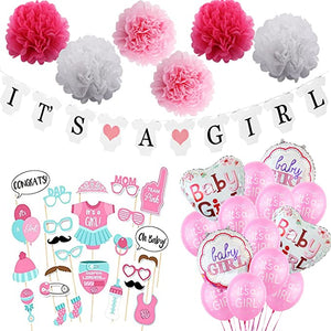 54pcs It's A GIRL, Baby Shower Decorations set with Photo Booth Props Large Balloons + Helium Balloons Poms and Banner for Girls