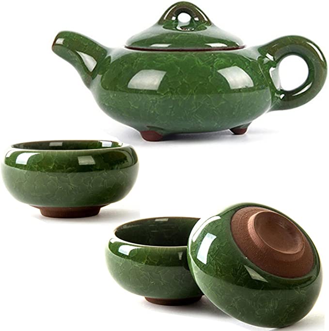 CoreLife Chinese Tea Set, Kung Fu Porcelain Handmade Ceramic Tea Set 6 Cups with Teapot - Dark Green