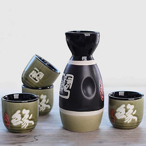 CoreLife Sake Set, 5-Piece Traditional Ceramic Japanese Sake Set with 1 Sake Serving Bottle and 4 Sake Cups - Engraved by Hand Design