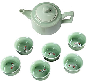 CoreLife Chinese Tea Set, Kung Fu Porcelain Handmade Ceramic Tea Set (6 Cups with Teapot) - Teal with Raised Koi Fish Design