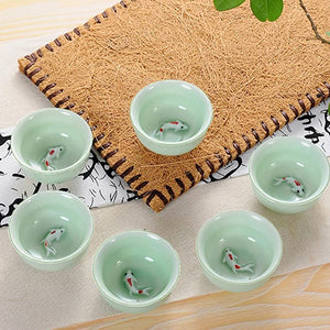 CoreLife Chinese Tea Set, Kung Fu Porcelain Handmade Ceramic Tea Set (6 Cups with Teapot) - Teal with Raised Koi Fish Design