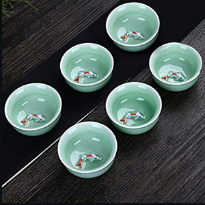 CoreLife Chinese Tea Set, Kung Fu Porcelain Handmade Ceramic Tea Set (6 Cups with Teapot) - Teal with Raised Koi Fish Design