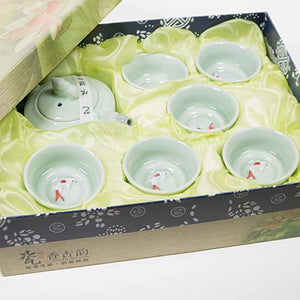 CoreLife Chinese Tea Set, Kung Fu Porcelain Handmade Ceramic Tea Set (6 Cups with Teapot) - Teal with Raised Koi Fish Design