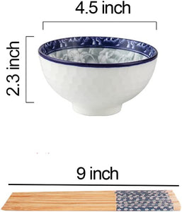 CoreLife Oriental Floral 4pcs Rice Bowl set with Chopsticks for Soup Snack Cereal, Glossy Ceramic Dishwasher Safe Porcelain Bowls in Gift Box - Flower Design