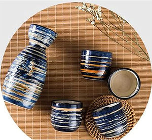 CoreLife Sake Set, Traditional 5-Piece Porcelain Ceramic Japanese Sake Set Japan Pottery with 1 8oz Bottle and 4 2oz Cups - Blue