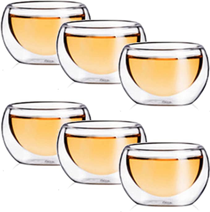 CoreLife Heat Thermal Resistant Double Wall Insulated Glass Sake Tea Cups, 6 Borosilicate Glass Tea Cups (2 oz Tea Cups)