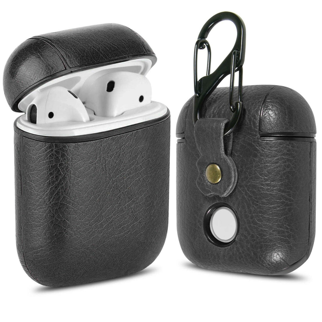 Leather AirPods Case Cover with Keychain Clip, Protective Hard Vegan Leather Cover for Apple AirPods 1 & 2 Charging Case